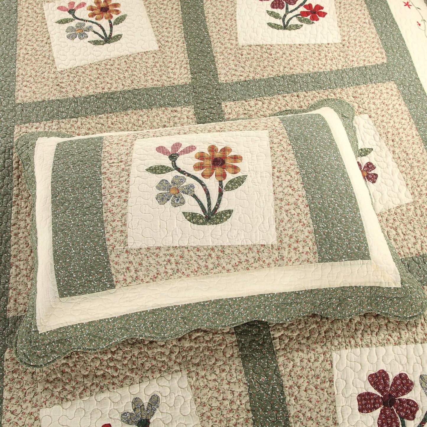 vctops Farmhouse Green 2 Piece Embroidered Floral Quilted Bedspread Quilt Set 100% Cotton Reversible Patchwork Coverlet Set 1 Quilt and 1 Pillow Sham (Green,Twin)