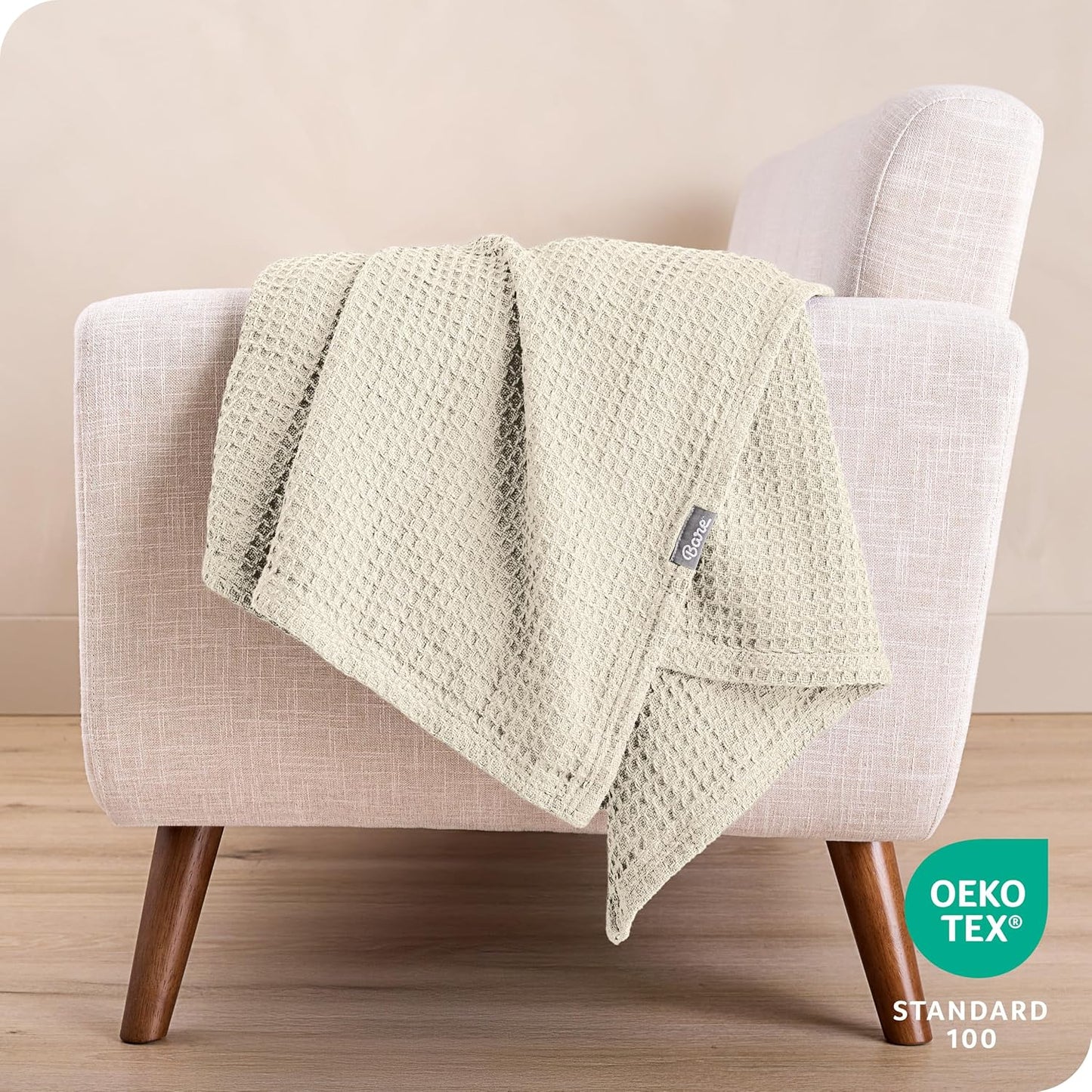 Bare Home Oyster Waffle Blanket, Extra Long 66Wx90L, 100% Cotton, Soft & Breathable Throw for All Seasons, Lightweight Blanket, Perfect for Layering Bed, Sofa & Couch (Twin/Twin XL, Oyster)