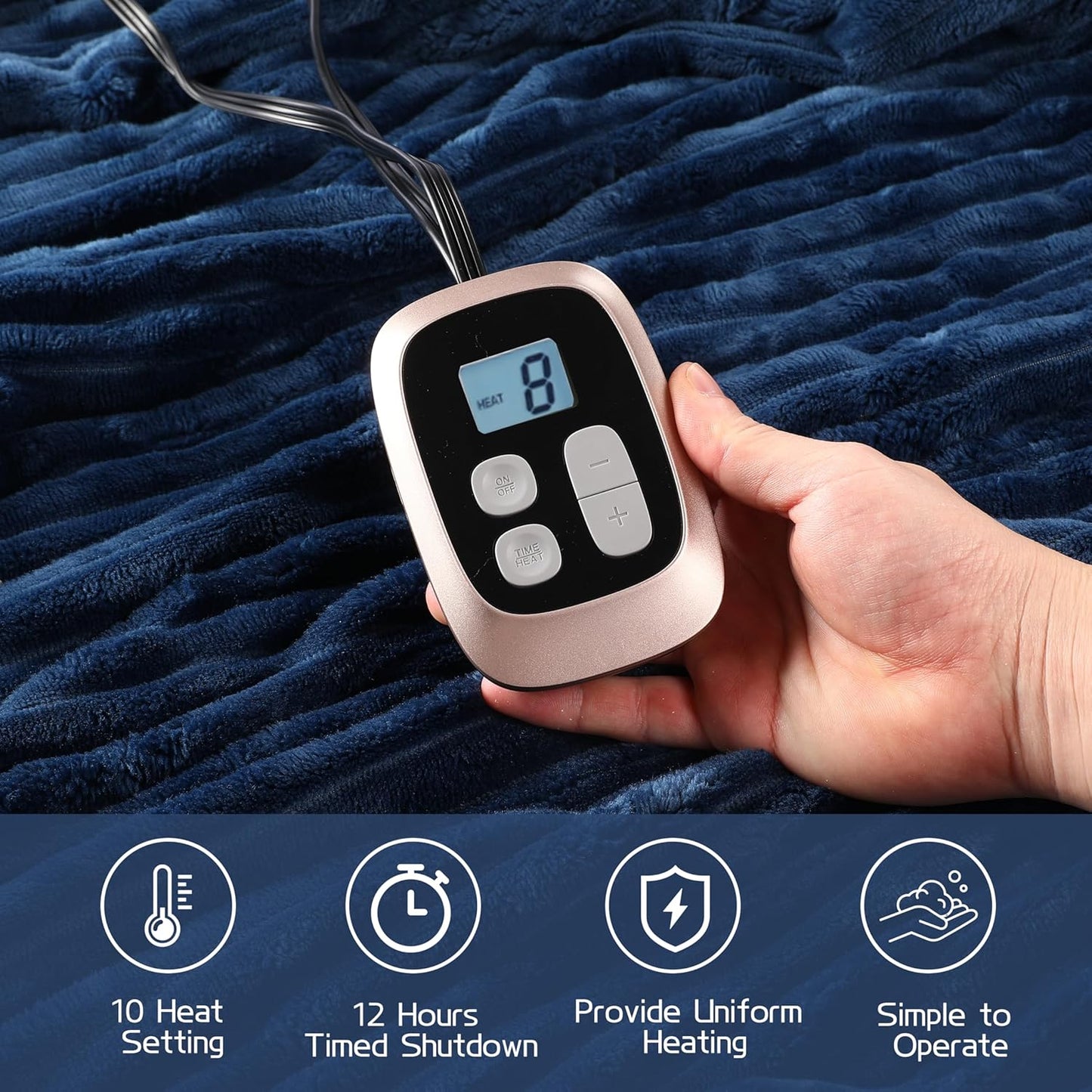 Electric Heated Blanket Full-Size 72x84 Inch - Ultra Soft Silky Flannel with Ribbed Texture, 10 Heating Levels and 12 Hours Auto-Off Feature - Navy Blue
