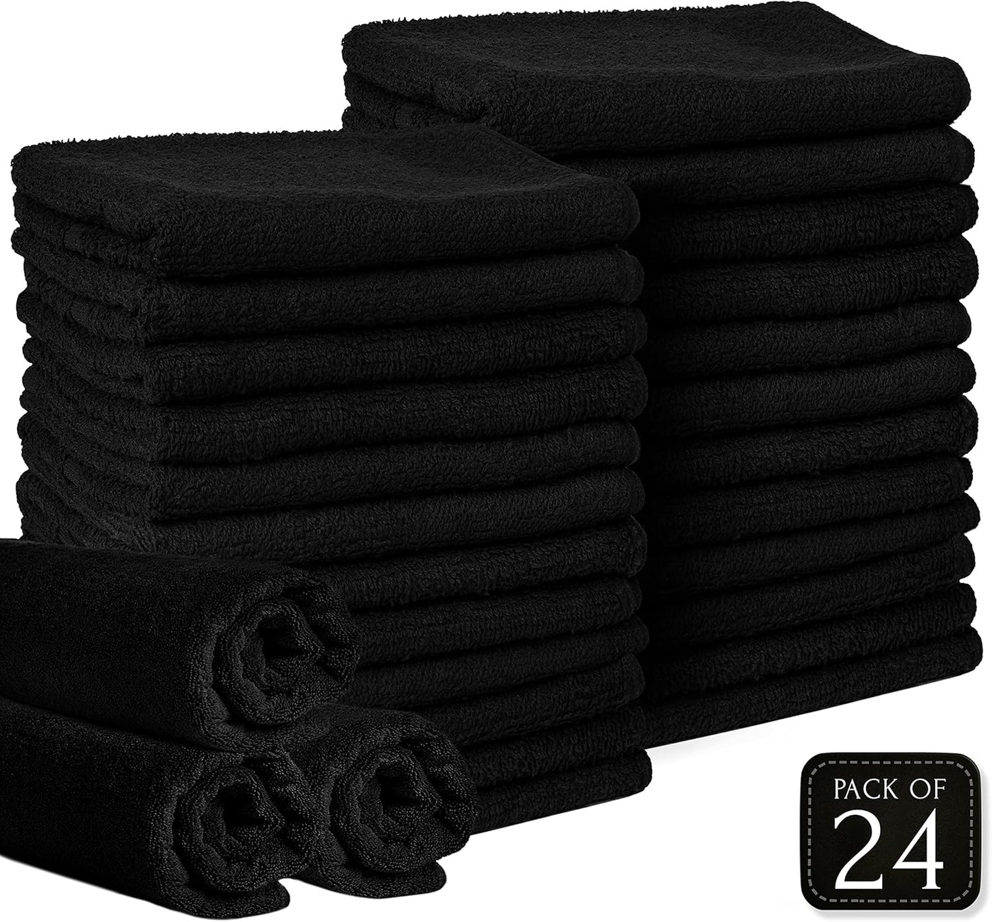 Barber Towels Black Salon Towels For Hair Stylist - Pack of 24, Not Bleach Proof, 16 by 27 Inches, Cosmetology Towel, Absorbent Cotton Hair Towel for Women, Men, Beauty, Spa and Home Hair Care