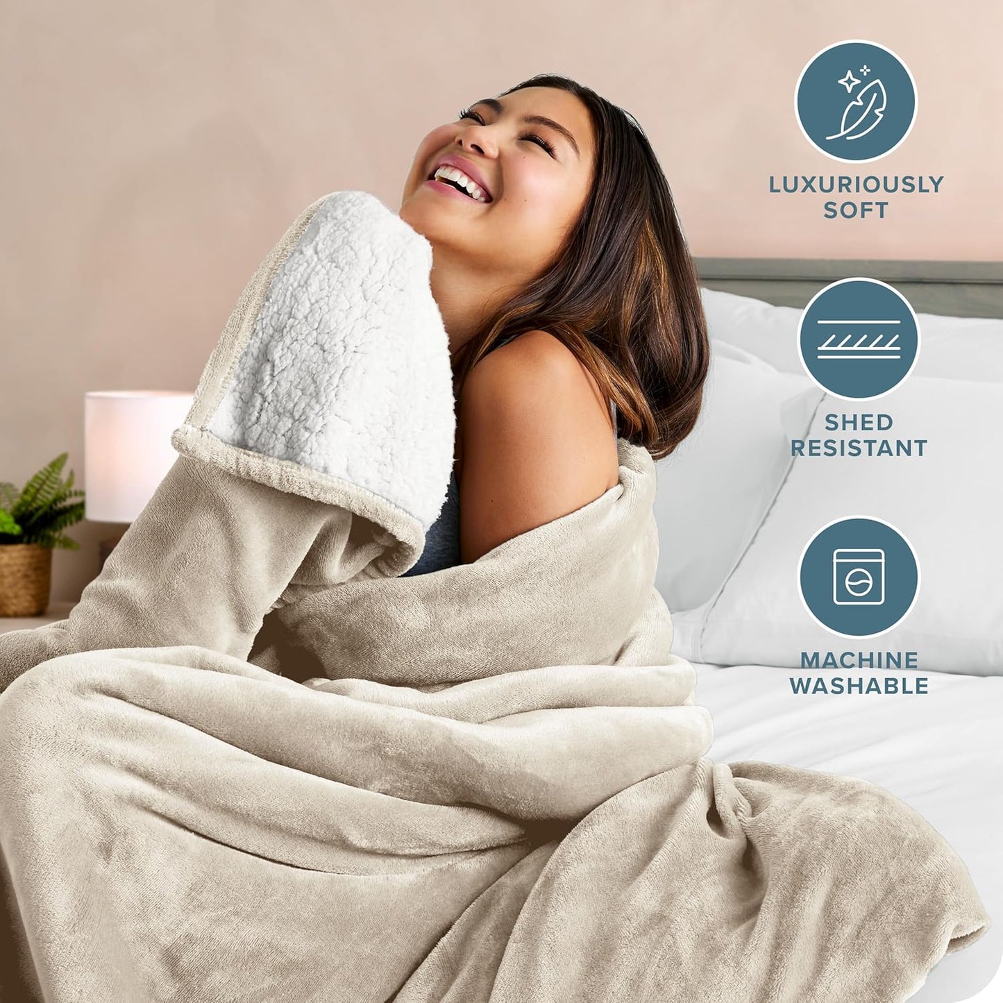 Bare Home Sherpa Fleece Blanket - Throw/Travel Size - Blanket for Bed, Sofa, and Couch - Warm & Lightweight - Fluffy & Soft - Reversible (Throw/Travel, Oyster)