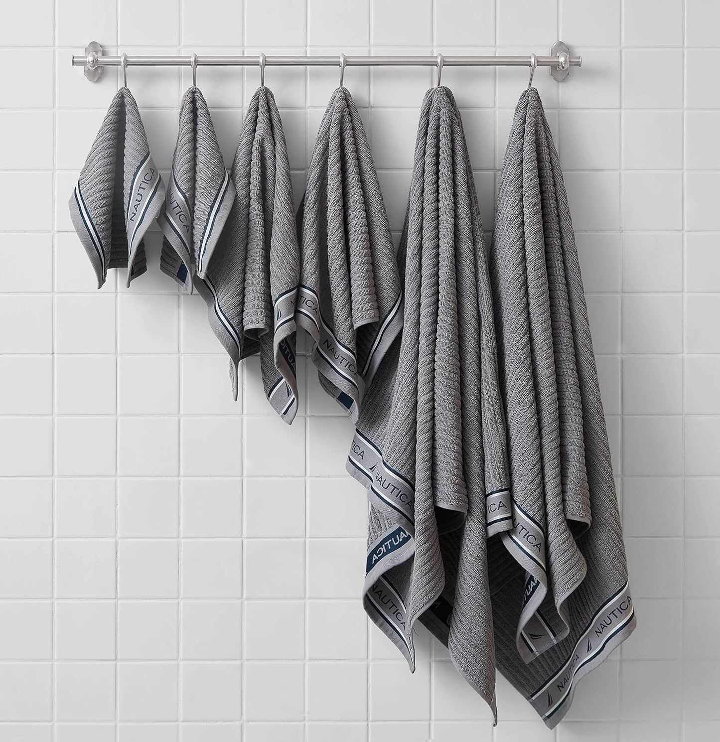 Nautica - Bath Towels, 100% Soft & Absorbent Fluffy Cotton, Highly Absorbent & Quick Dry, Medium Weight Bathroom Towels (Signature Grey, 6 Piece)