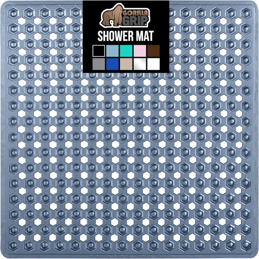 GORILLA GRIP Patented Square Shower Stall Mat, Small Bathtub Floor Mats for Stand Up Showers, Suction Cups and Drainage Holes, Machine Wash, Soft on Feet, Bathroom Accessories 21x21 Inch, Navy Blue