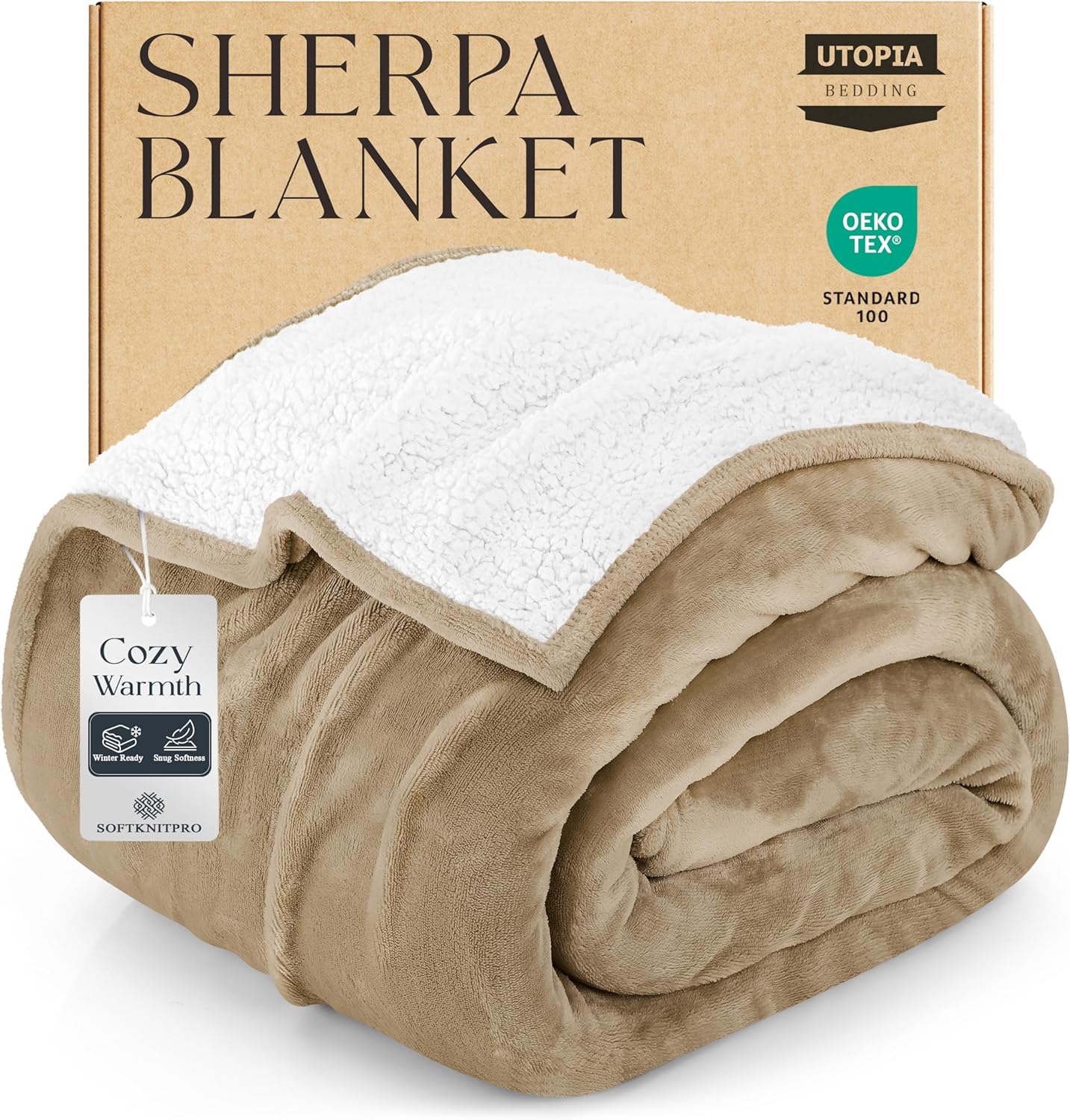 Utopia Bedding Sherpa Blanket Full Size (Camel, 90x84 Inches) - Soft Lightweight Plush Fleece Reversible Blanket for Bed, Sofa, Couch, Camping and Travel