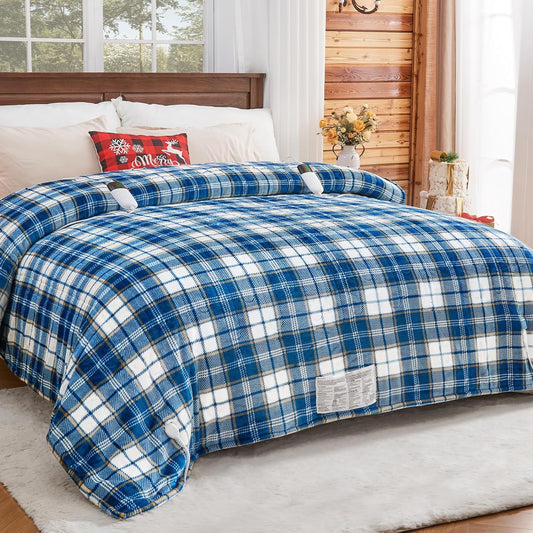 Electric Heated Blanket King Size, 90X100 Heating Blanket King With Dual Control&10 Heats Levels&Timer For Bed,Large Navy Blue Plaid Sherpa Blankets Warmer Gifts for Grandma Women Adults, Washable