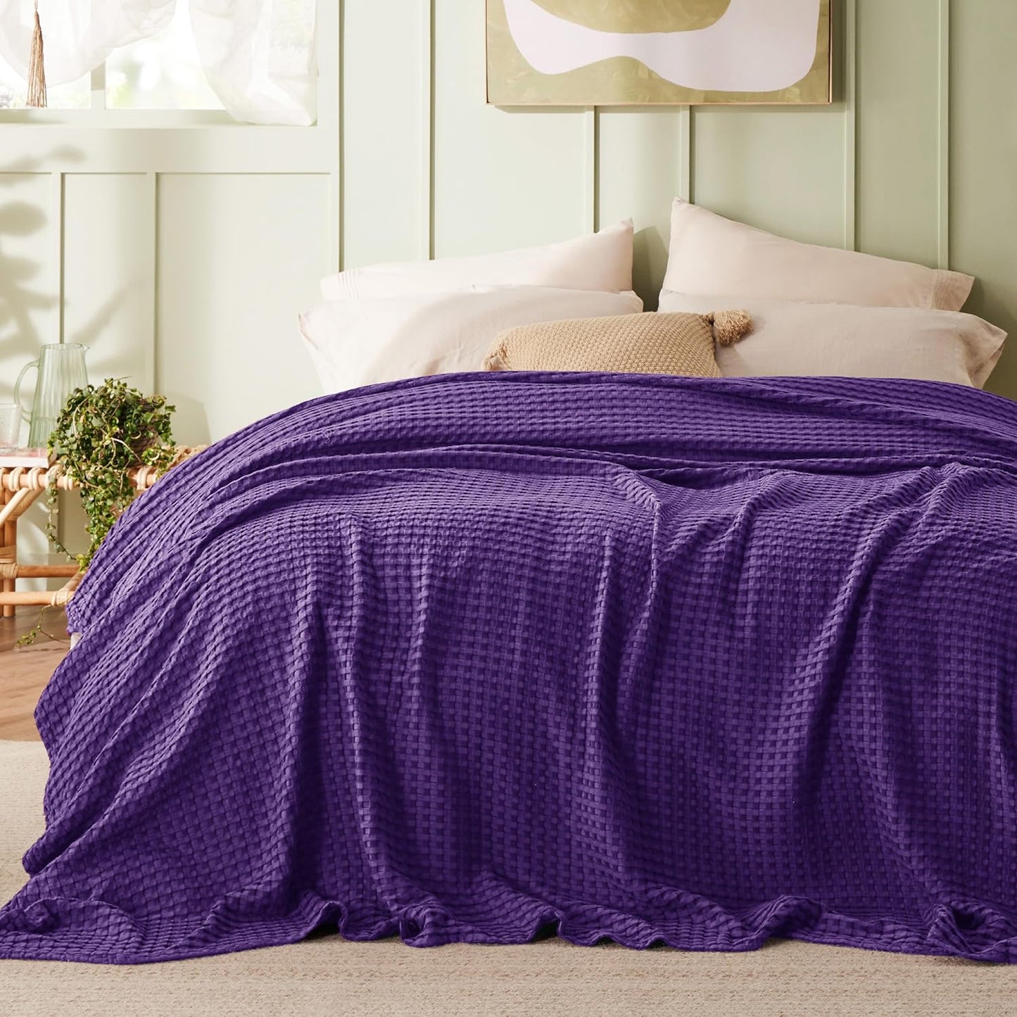 Bedsure Cooling Cotton Waffle Queen Size Blanket - Lightweight Breathable Blanket of Rayon Derived from Bamboo for Hot Sleepers, Luxury Throws for Bed, Couch and Sofa, Purple, 90x90 Inches
