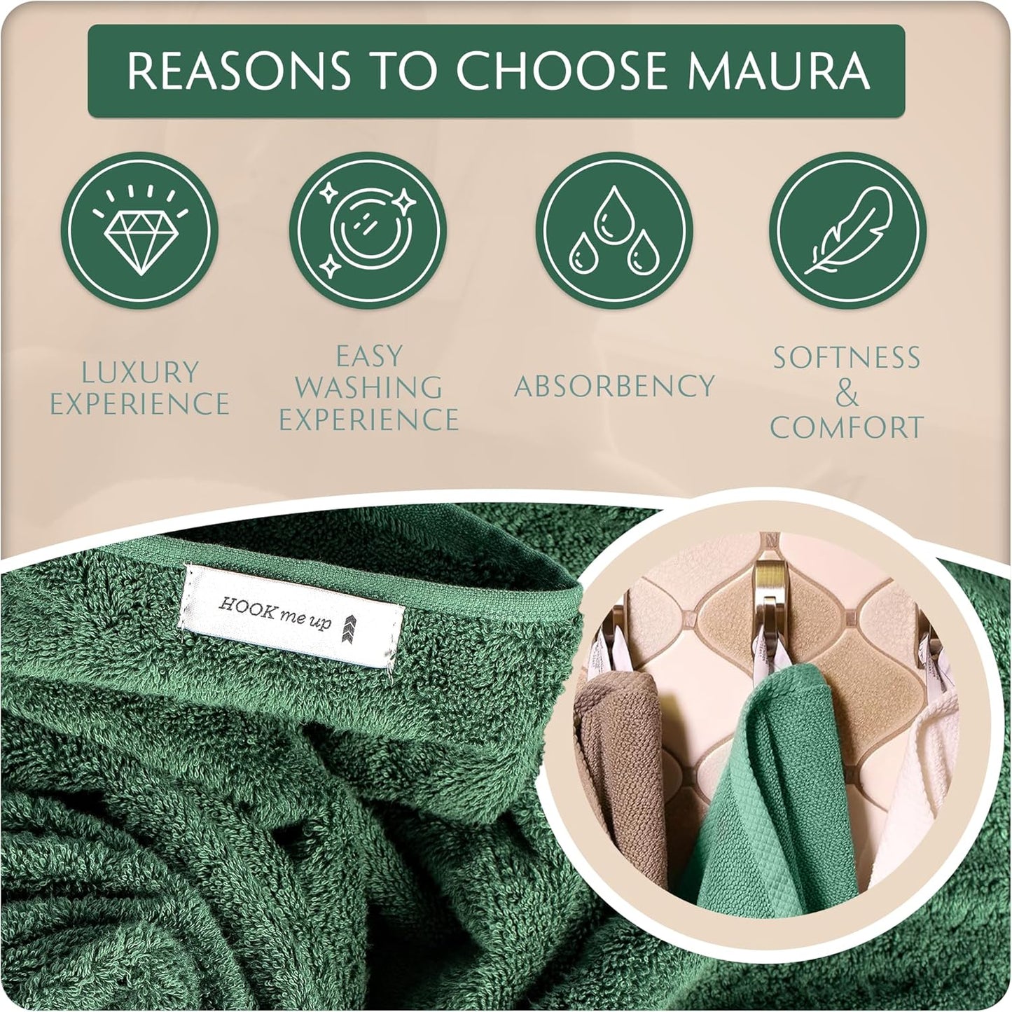 MAURA Basics Hand Towels for Bathroom with Hanging Hook Loops. Soft, Durable, Long Lasting and Absorbent Hand Towel Sets for Bathroom, American Standard Size 16"x28", Hunter Green