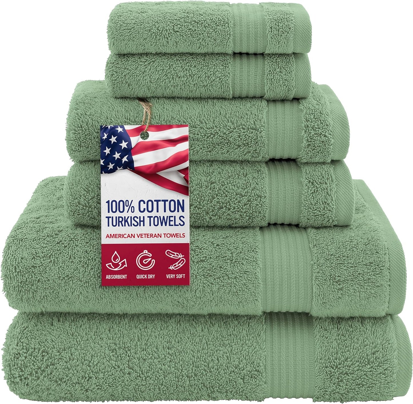 American Veteran Towel, 100% Cotton Turkish 6 Piece Towel Set, Luxury Towels Set of 6 for Bathroom Essentials, 2 Bath Towel 2 Hand Towel 2 Washcloth, Sage Green