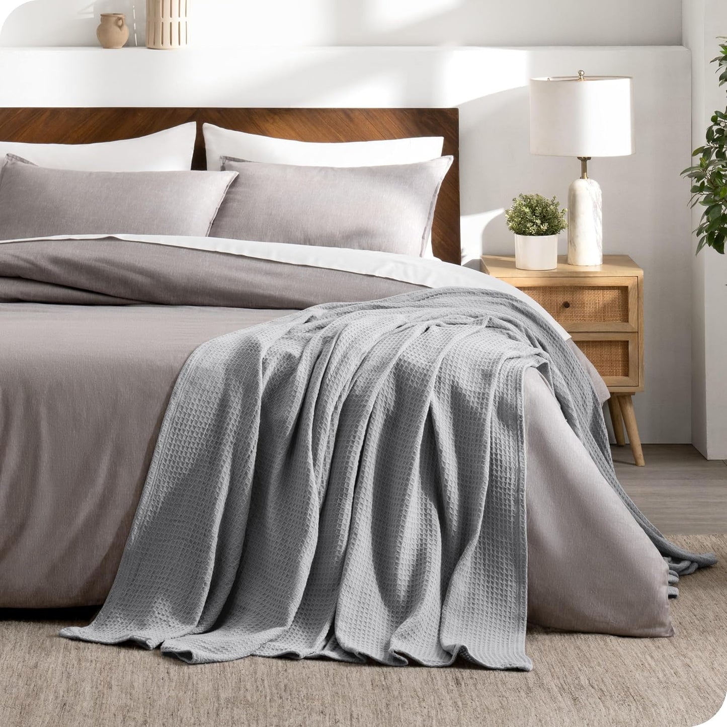 Bare Home Light Grey Waffle Blanket, Throw Size 44Wx66L, 100% Cotton, Soft & Breathable for All Seasons, Lightweight, Perfect for Layering Bed, Sofa & Couch (Throw/Travel, Light Grey)