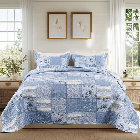 ENJOHOS Blue Floral Quilt Set Queen Size, 3 Pieces Plaid Flower Queen Bedspread for All Seasons, Patchwork Reversible Coverlet Lightweight Bedding for Queen Size Bed with 2 Pillow Shams