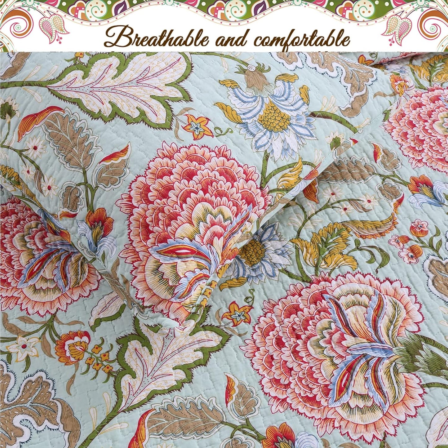 Cozy Line Home Fashions Blooming Red White Floral 100% Cotton Reversible Quilt Bedding Set, Coverlet Bedspread (Camellia Green, King - 3 Piece)