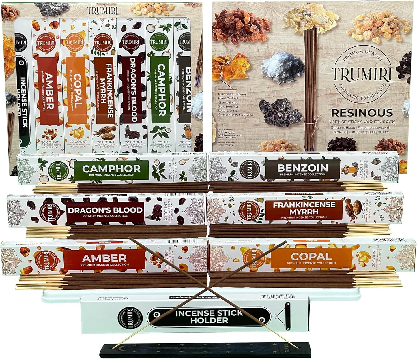 Trumiri Incense Sticks - 120 Insence-Sticks (20 Insense x 6 Incents) - Incienso Inscents-Sticks with Dragon Blood Frankincense Myrrh Benzoin Amber Copal Resin and Camphor Alcanfor + Incense Holder