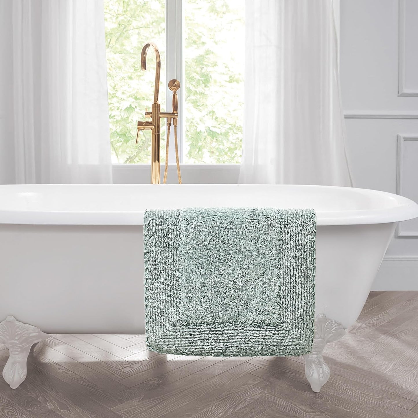 Laura Ashley Ruffle Border 100% Cotton Bath Rug, Aqua, 20"x 34"