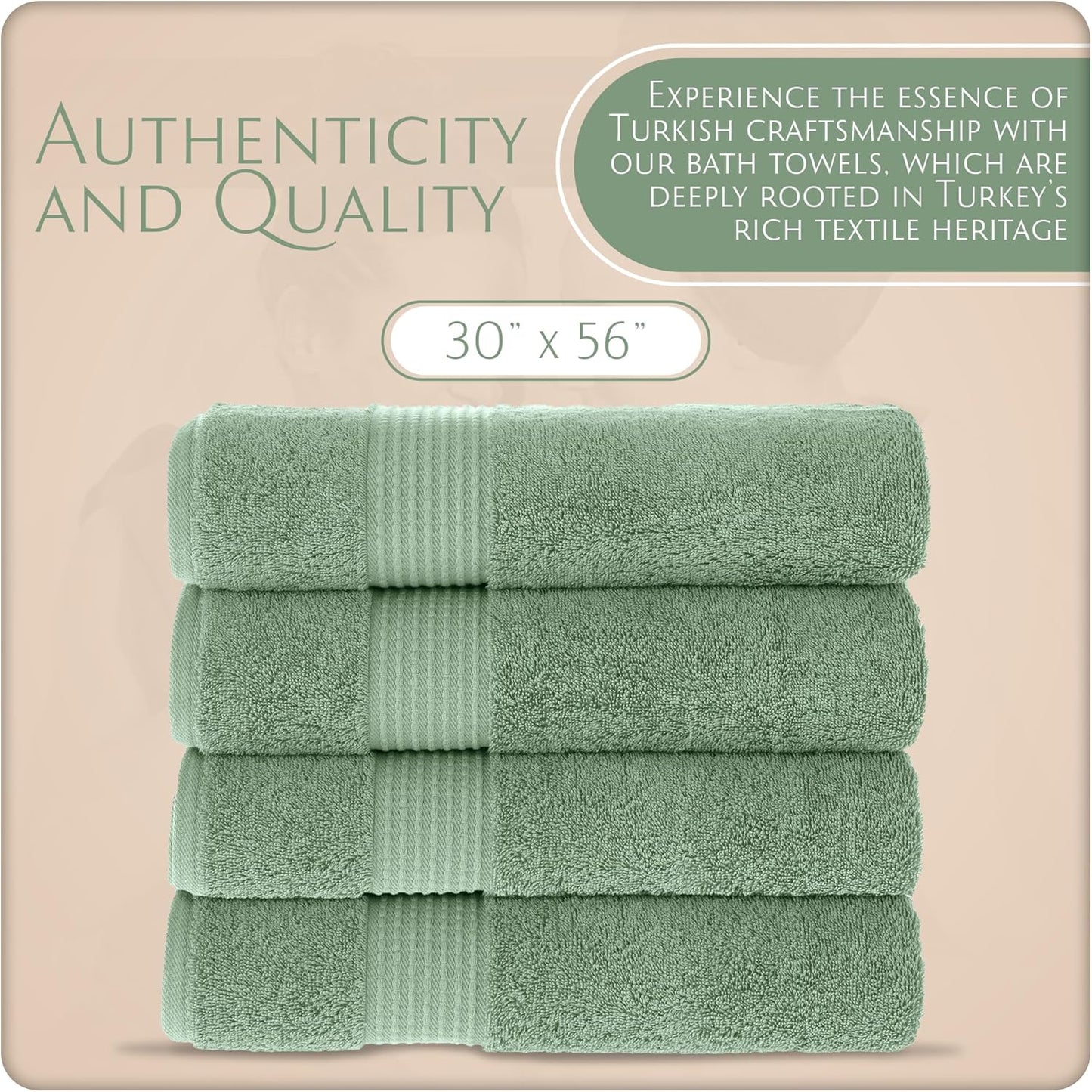 MAURA Basics Performance Bath Towels 100% Turkish Cotton with Hook Loops. Extra Large Luxury Absorbent Plush Towel Sets for Bathroom, Daily Use American Standard Size 27”x54”, Sage Green
