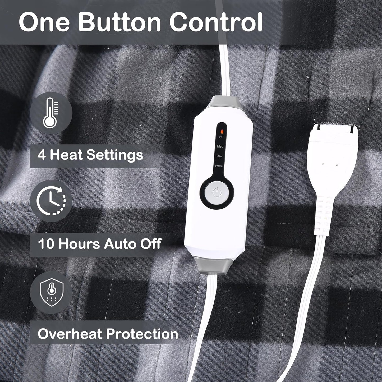 Electric Heated Blanket Full 72"x84", Soft Fleece with 10 Hours Auto-Off & 4 Heating Levels, Ultra-Soft, Warm Cozy, Machine Washable, Plaid Pattern, Dark Gray