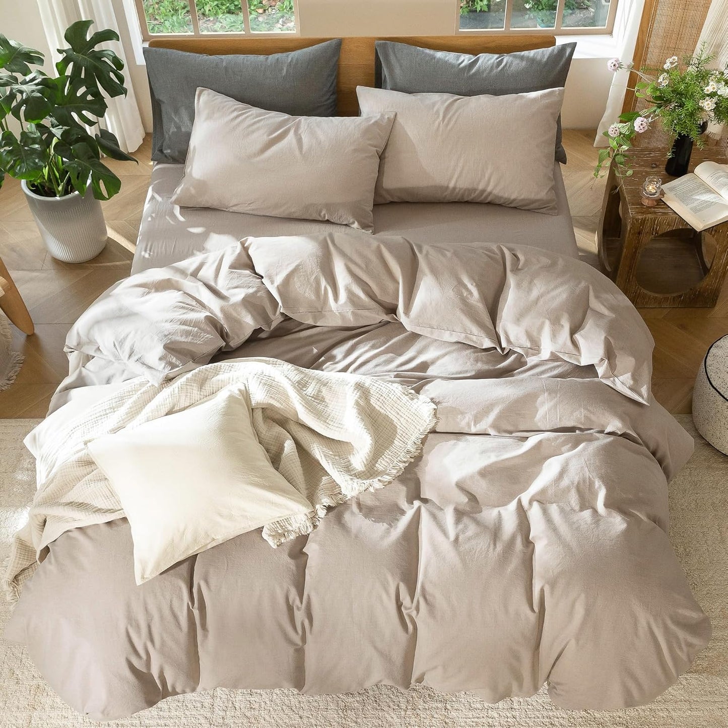 MooMee Bedding Duvet Cover Set 100% Washed Cotton Linen Like Textured Breathable Durable Soft Comfy (Heathered Taupe, Super Queen 90"x98")