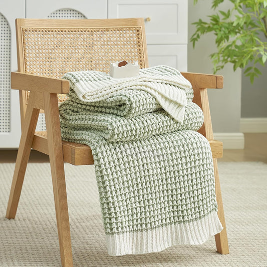 Amélie Home Waffle Chenille Throw Blanket for Couch, Pineapple Stitch Knit Soft Cozy Knit Blanket Decorative Throw for Sofa, Chair, 60 * 80", Sage Green&Ivory