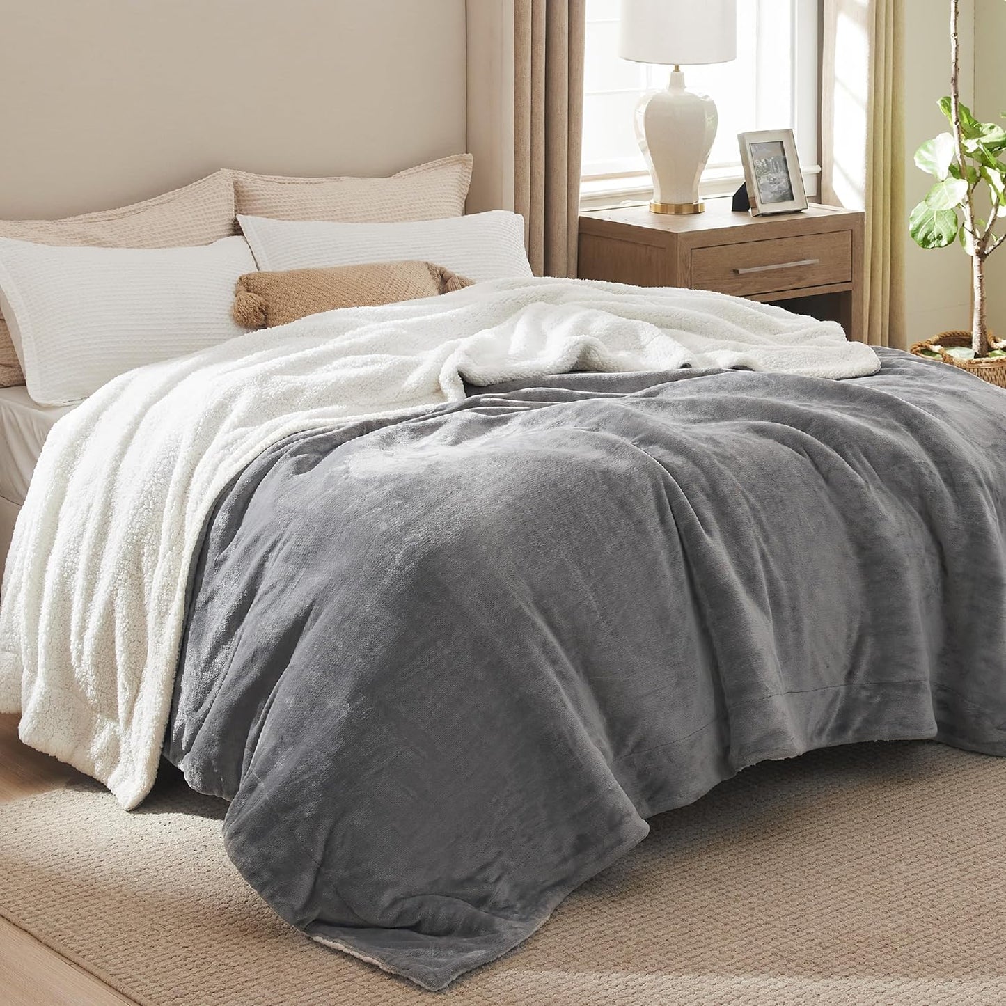 Bedsure GentleSoft Sherpa Fleece Blankets King Size for Bed - Thick and Warm Throw for Women and Men, Soft Fuzzy Plush King Blanket for Winter, Grey, 108x90 Inches
