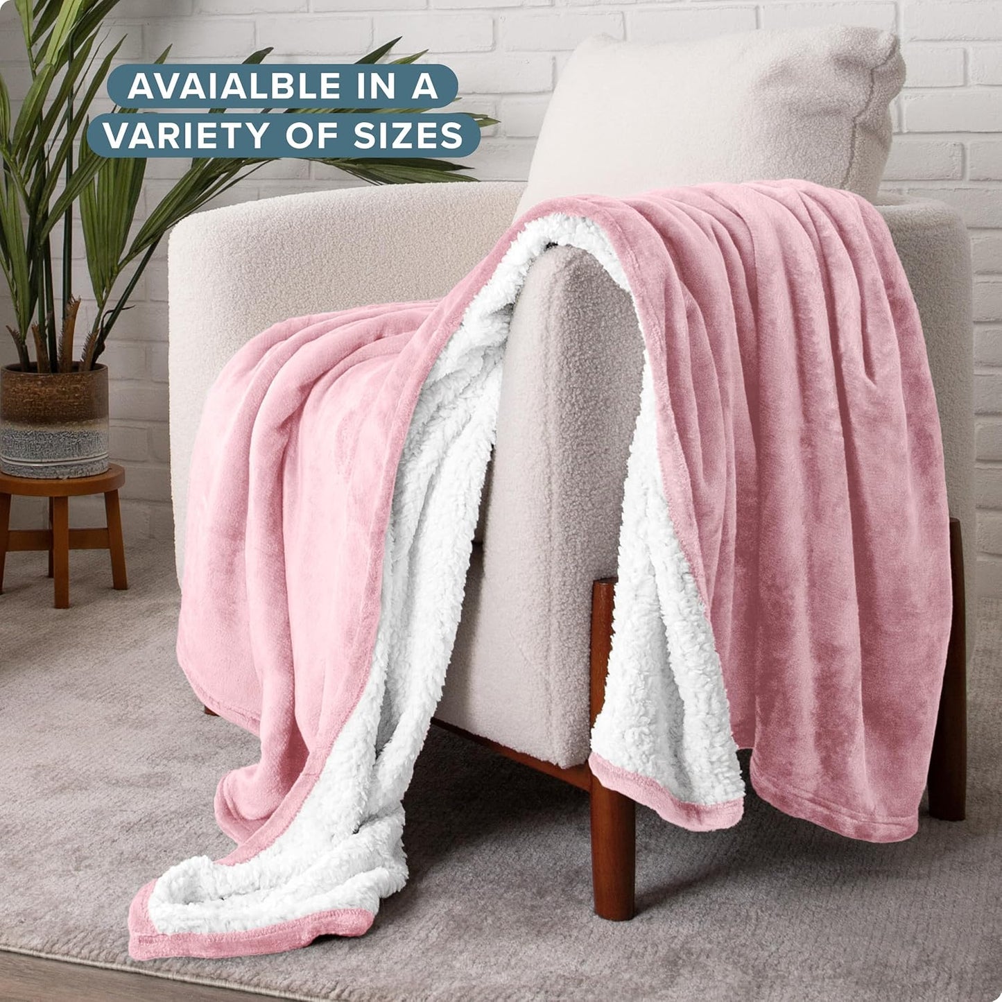 Bare Home Sherpa Fleece Blanket - King Size - Blanket for Bed, Sofa, and Couch - Warm & Lightweight - Fluffy & Soft - Reversible (King, Light Pink)