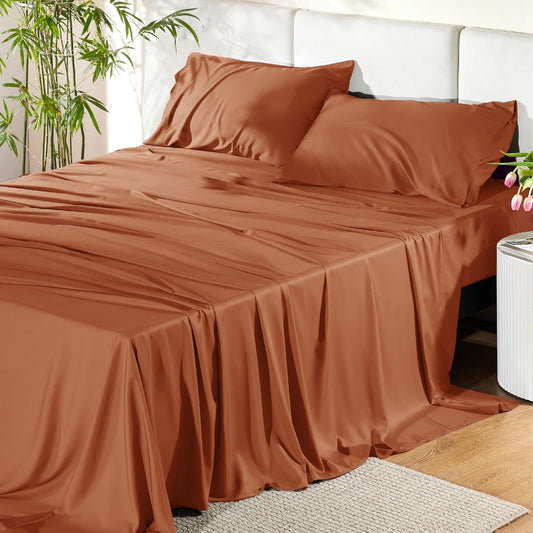 Bedsure Full Size Bed Sheets, Cooling Sheets, Rayon Derived from Bamboo, Breathable & Soft, Deep Pocket Up to 16 Inches, Hotel Luxury Silky Bedding for Hot Sleepers, Burnt Orange