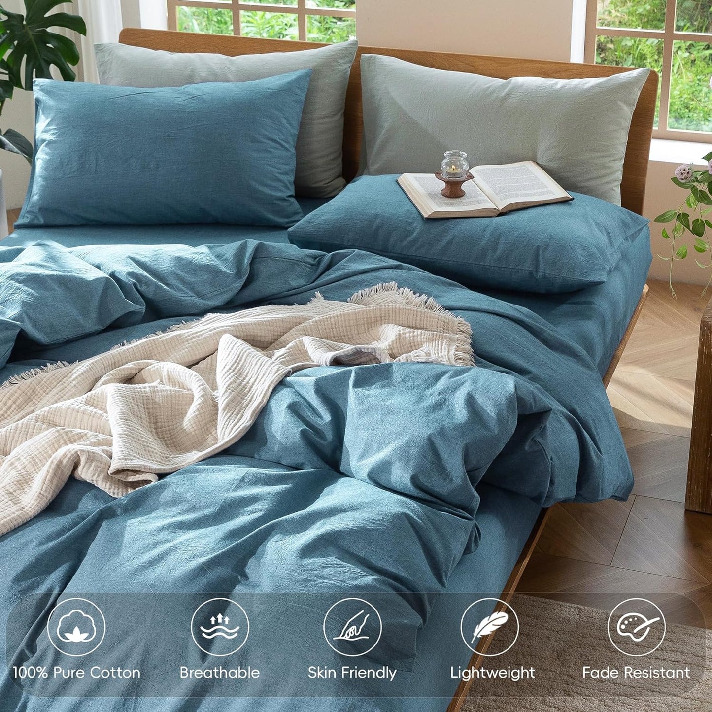 MooMee Bedding Duvet Cover Set 100% Washed Cotton Linen Like Textured Breathable Durable Soft Comfy (Heathered Peacock Blue, Cal King 104"x98")