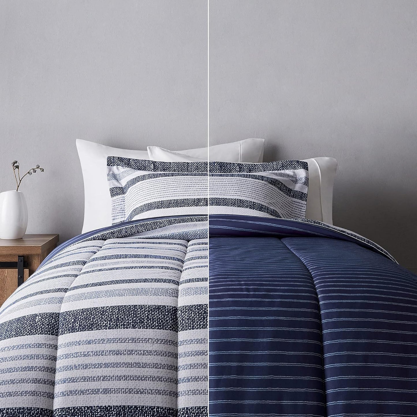 Amazon Basics Twin/Twin XL Size Comforter Sets, Ultra-Soft Lightweight Microfiber Reversible 2-Piece Bedding, Blue Denim/Beige Stripes, Striped