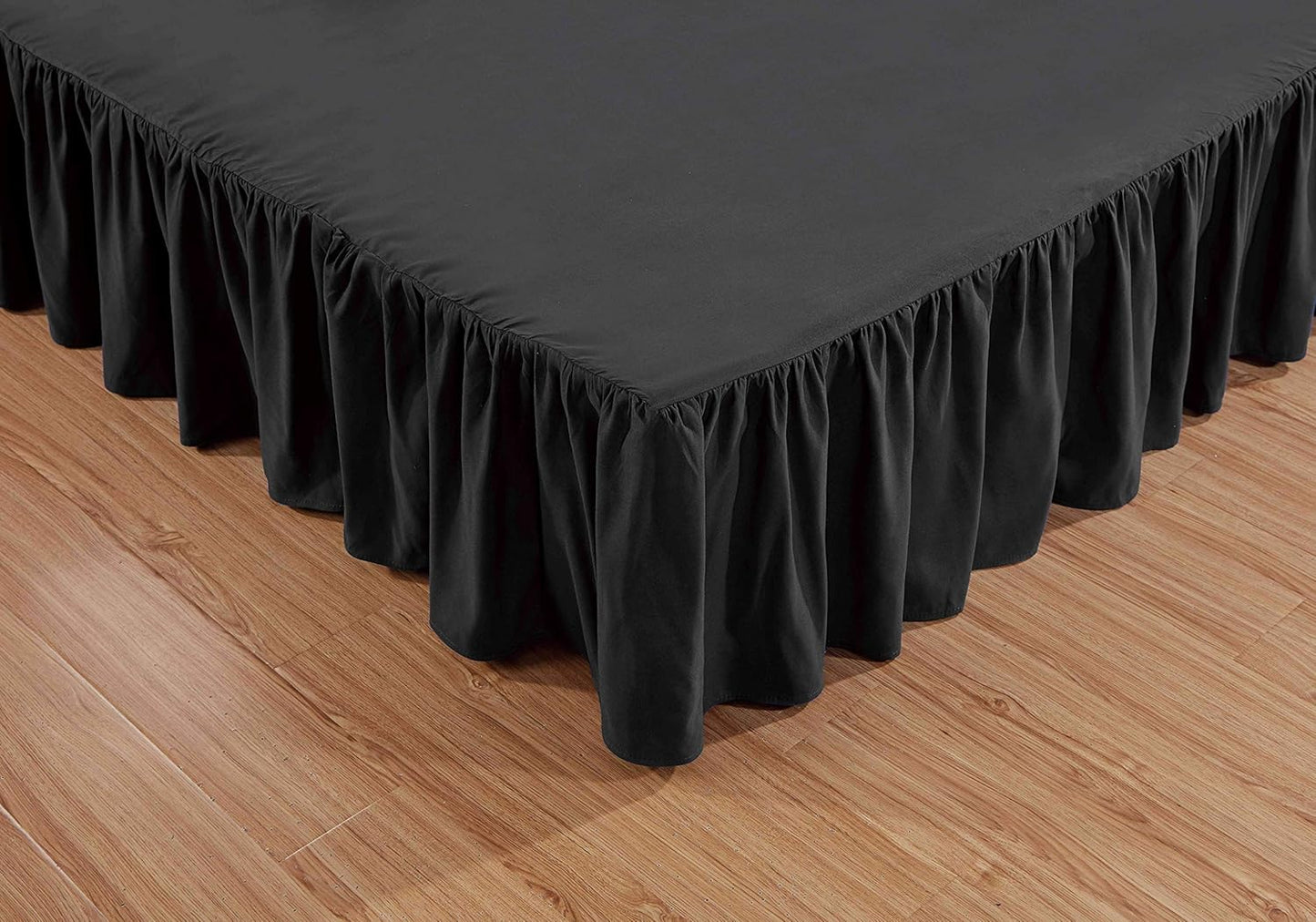 Sheets & Beyond Wrap Around Solid Microfiber Luxury Hotel Quality Fabric Bedroom Gathered Ruffled Bedding Bed Skirt 14 Inch Drop (Queen, Black)