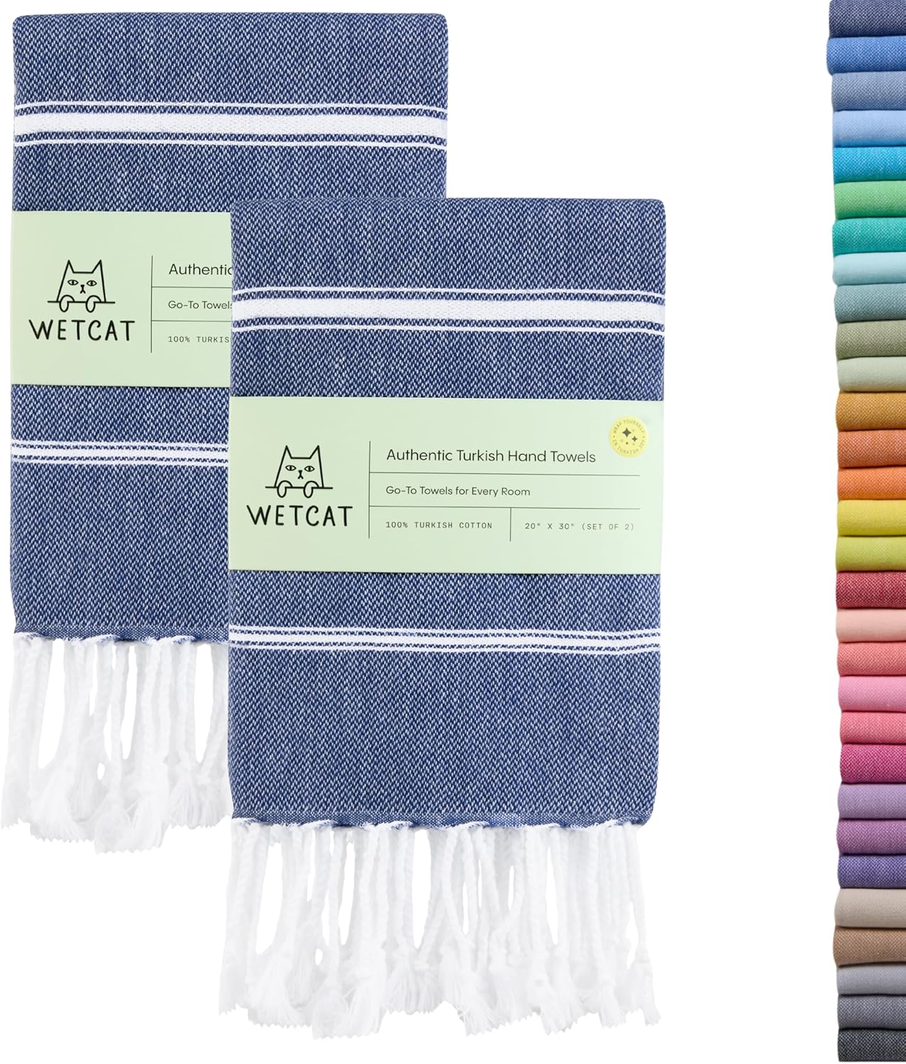 WETCAT Turkish Hand Towels with Hanging Loop, Set of 2 (20" x 30") 100% Turkish Cotton, Pre-Washed, Quick Drying, for Kitchen or Bathroom - Navy Blue