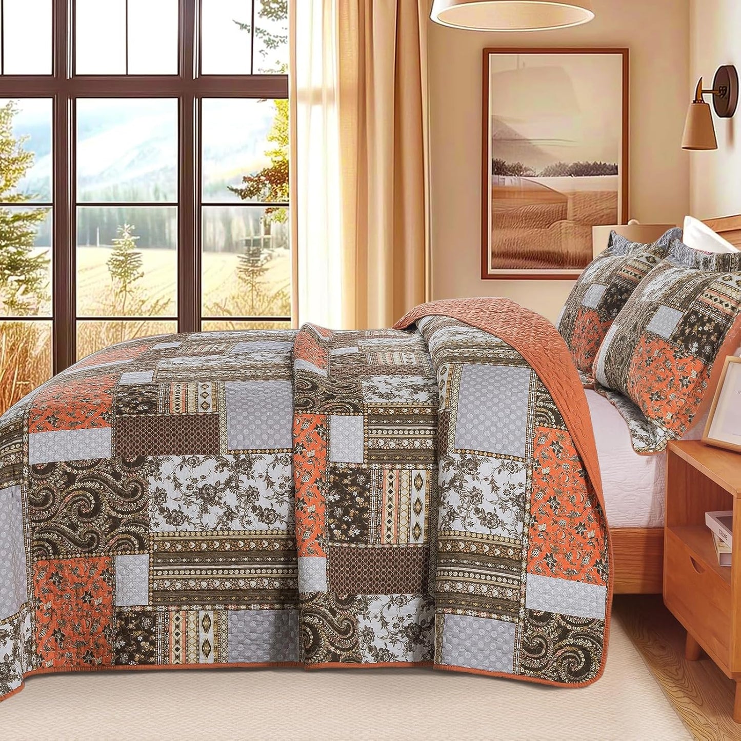 BEDIFANY Farmhouse Cotton Quilts Queen Size for Fall - Lightweight Patchwork Autumn Bedspread Set for Bed Coverlet - Highly-Woven Soft Reversible Bed Spread for All Seasons (Floral Orange) 3 Pieces