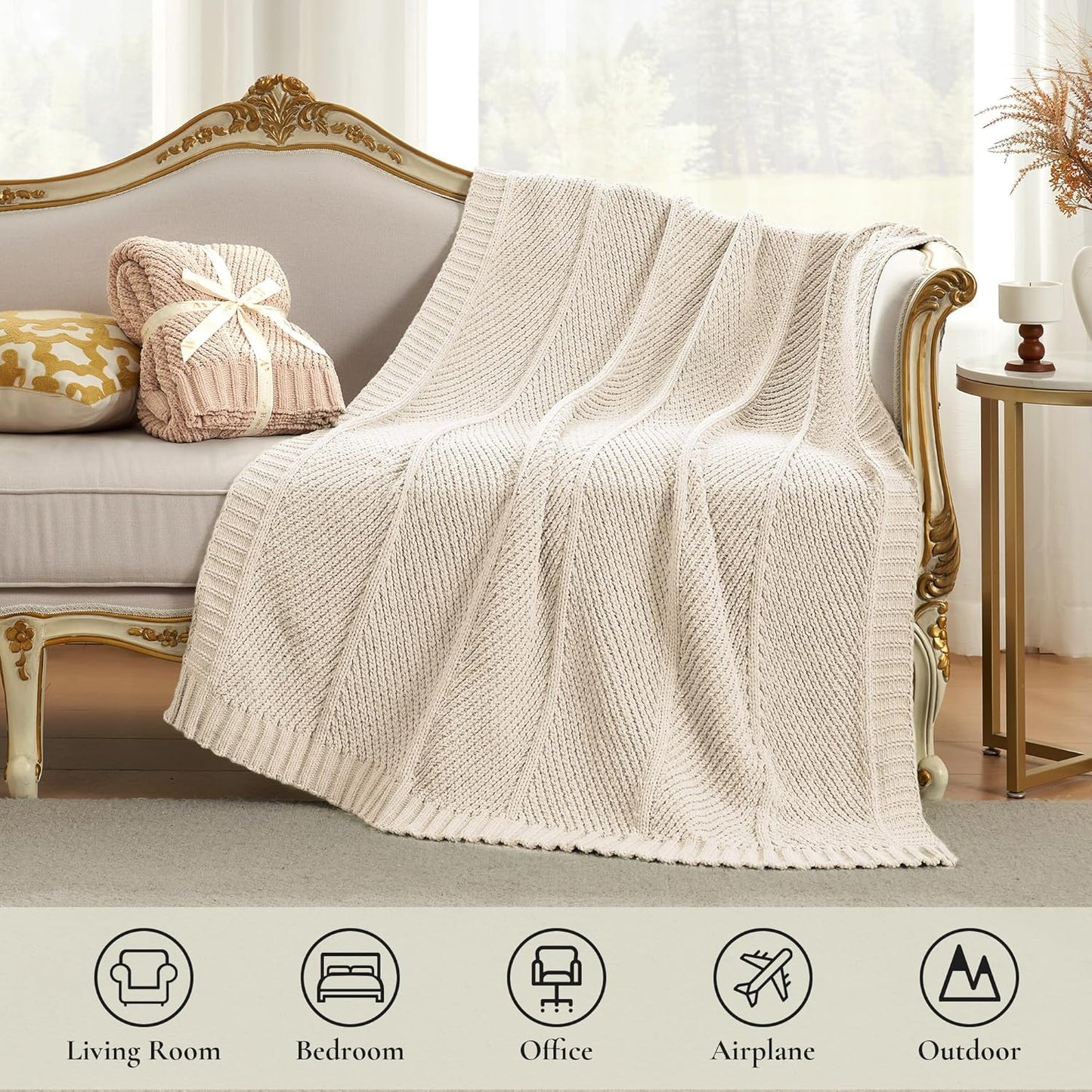 Amélie Home Chevron Chenille Knit Throw Blanket for Couch, Cozy Texture Decorative Soft Blanket for Sofa & Chair, 50"x60", Ivory