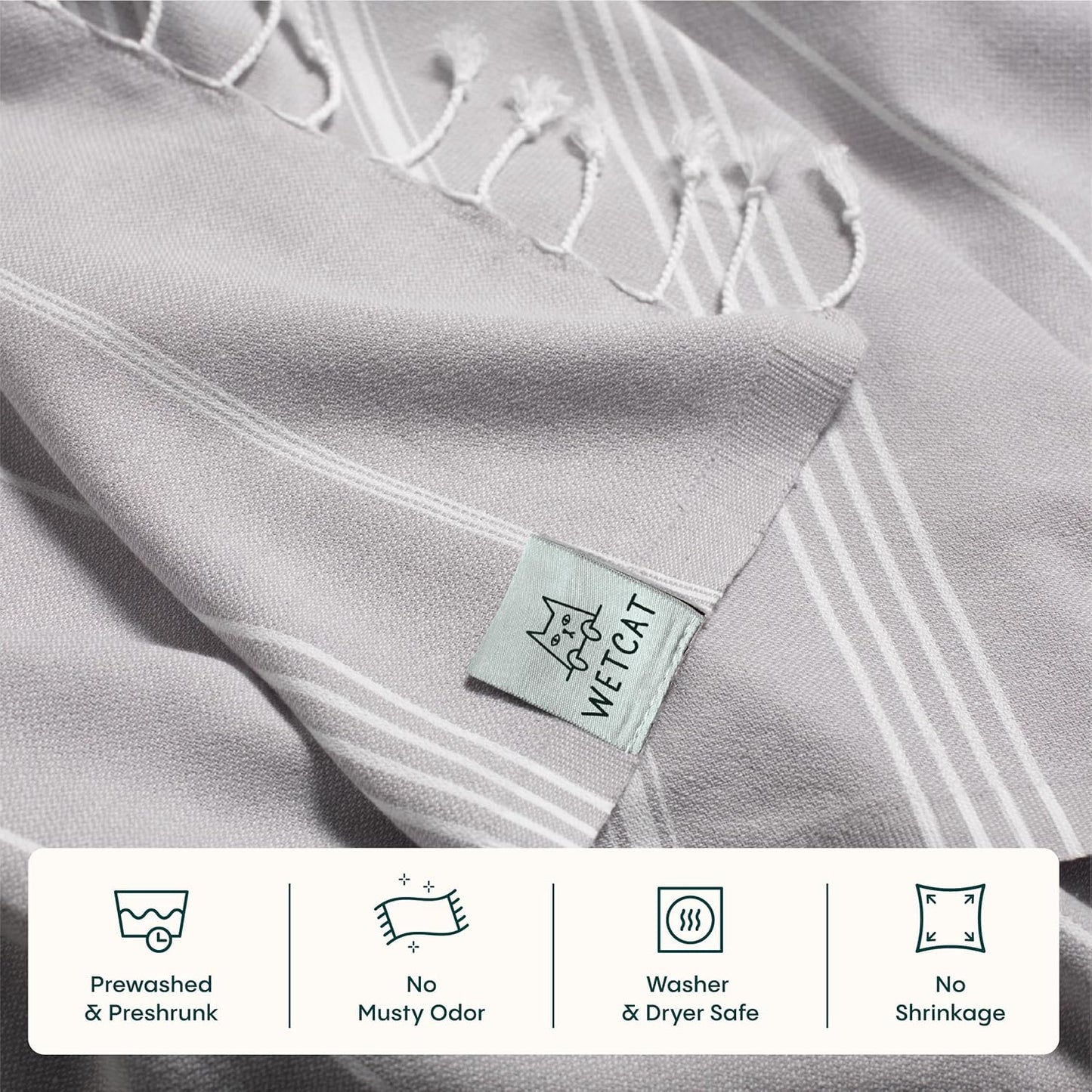 WETCAT Turkish Beach Towel Oversized (38"x71") 100% Turkish Cotton, Made in Turkey - Sand Free, Extra Large, Ultra Soft, Quick Drying, Compact & Lightweight for Travel - Light Grey