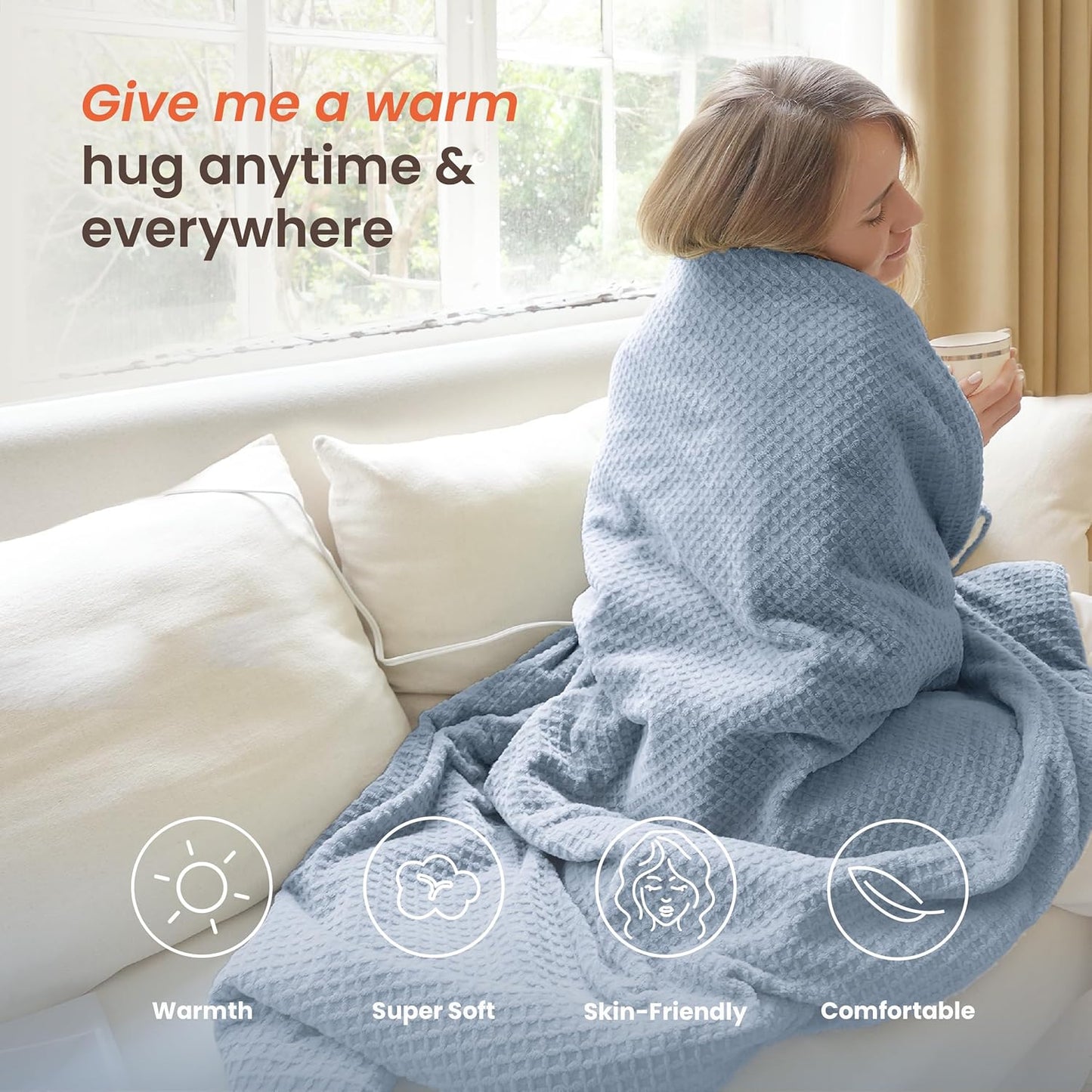 Heated Blanket Electric Blanket Twin Waffle, 62x84 Inches Sherpa Fleece Fast Heating Blanket 6 Heating Levels & 10 Hours Auto Off ETL Certification,Haze Blue Twin