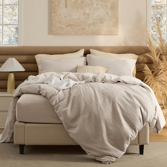 Bedsure 100% Cotton Duvet Cover King Size with Fitted Sheet - 4 Pieces Linen Color Waffle Weave Bedding Set, GentleSoft™ and Breathable, Includes 1 Duvet Cover 104x90, 1 Fitted Sheet, 2 Pillow Shams