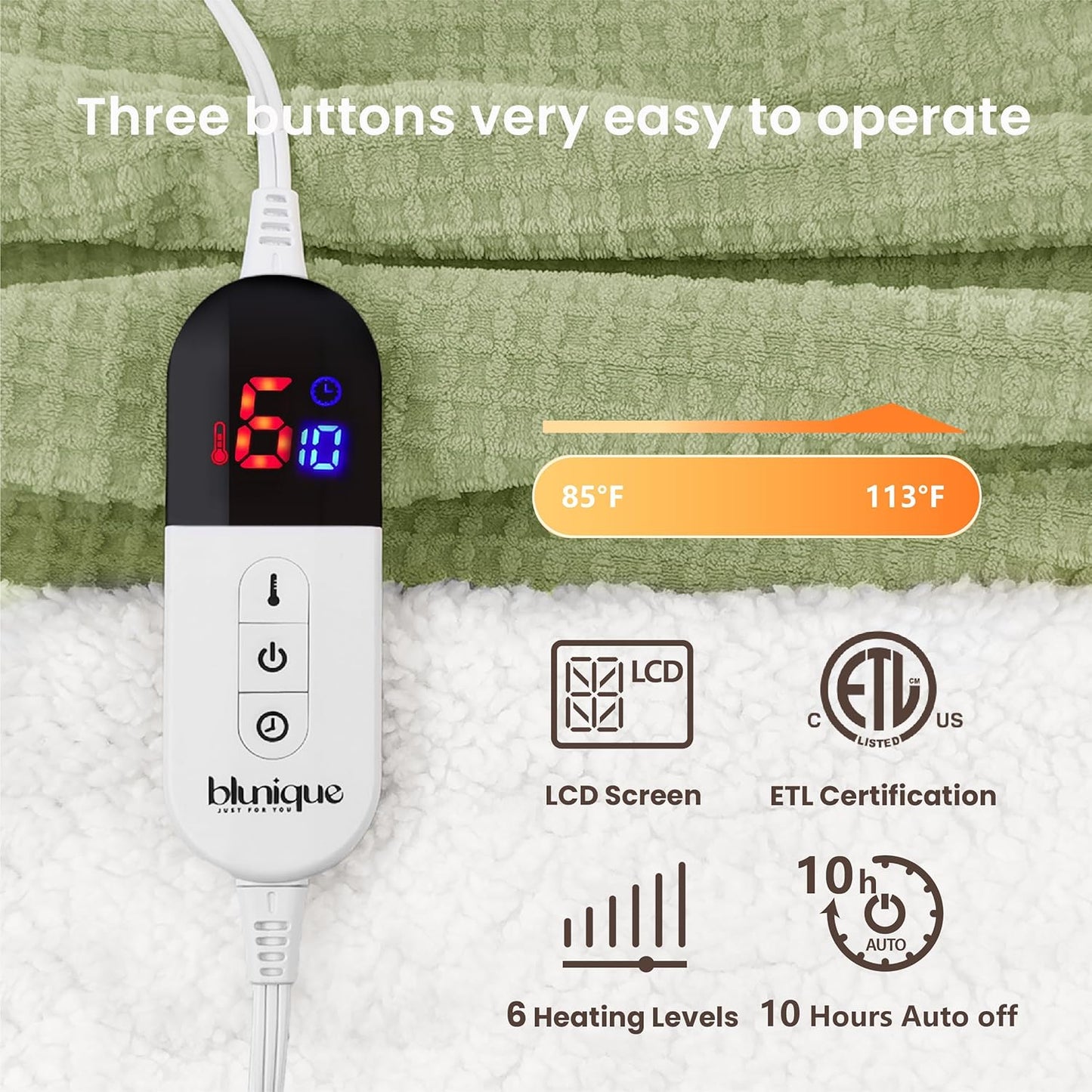Heated Blanket Electric Blanket Twin Waffle, 62x84 Inches Sherpa Fleece Fast Heating Blanket 6 Heating Levels & 10 Hours Auto Off ETL Certification, Sage Twin