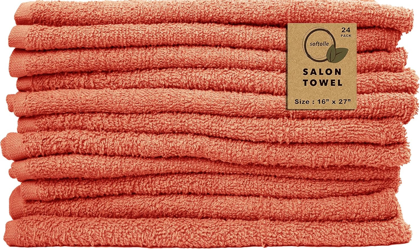 Softolle Salon Towels – Pack of 24 (16"x27") 100% Cotton Ring Spun (Not Bleach Proof) Ultra Soft, Highly Absorbent Hand Towels – Bulk for Spa, Gym & Salon (Coral)