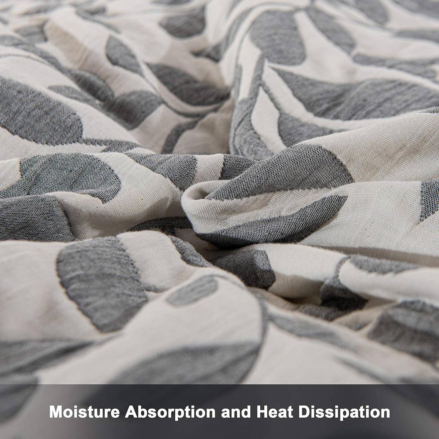 NTBAY 3 Layers Cotton Muslin 68x92 Twin Bed Blanket, Super Soft Breathable Thermal Yarn Dyed Quilt for Adults, Perfect Lightweight Blanket for Couch Sofa Bed All Seasons, Grey Leaf