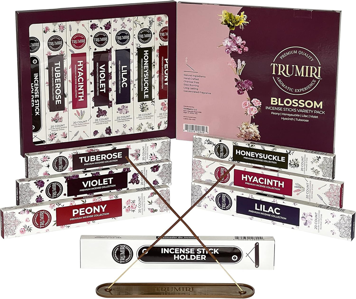 Blossom Incense Sticks Variety Pack - 120 Insence-Sticks (6 Incents x 20 Insense) - Peony Honeysuckle Lilac Violet Hyacinth Tuberose - Natural Inscents-Sticks Non Toxic Incienso + Stick Incense Holder