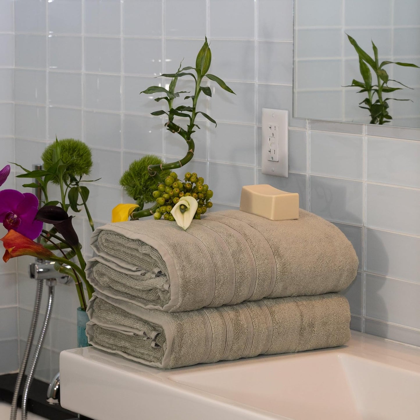Mosobam Luxury Turkish Towels Set of 4 Bath Sheets 35X70 Seagrass Green 700 GSM Bamboo Viscose & Aegean Turkish Combed Cotton