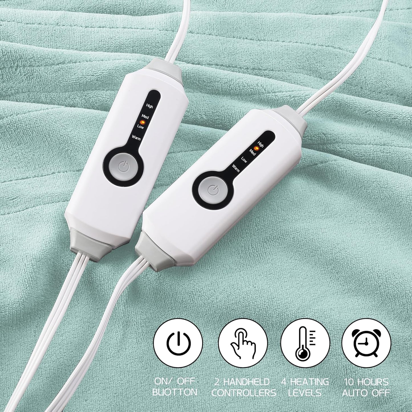 Electric Heated Blanket 84"x90" Queen Size, Soft Coral Fleece, Dual Controllers with 4 Heating Levels and 10 Hours Auto-Off, Machine Washable, Cozy Plush Fabric for Home, Mint Green