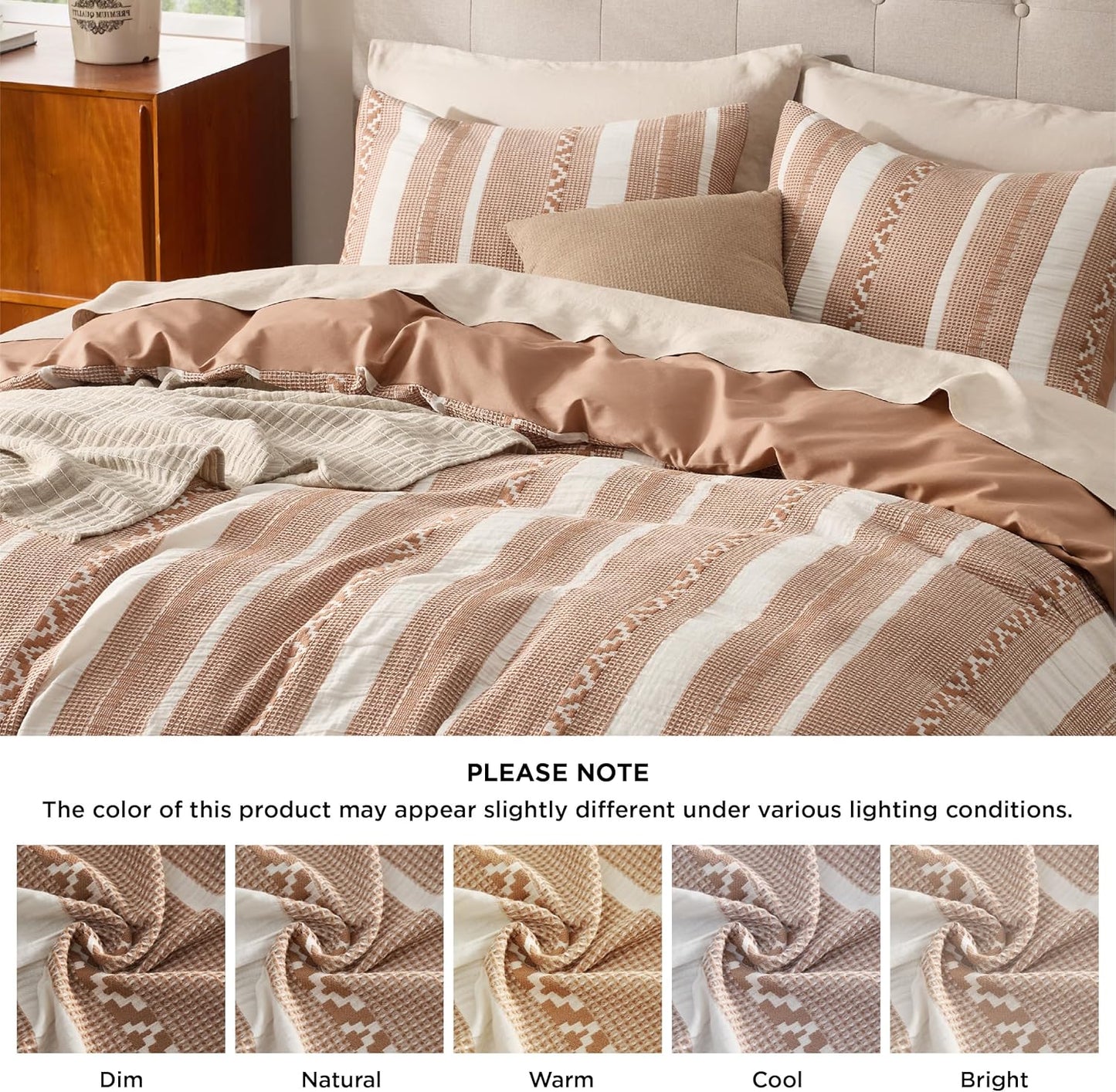 Bedsure Waffle Weave Duvet Cover King - 100% Cotton Boho Duvet Cover Set with 2 Pillowcases - Extra Soft Terracotta Textured Comforter Cover with Zipper Closure (King, 104"x90")