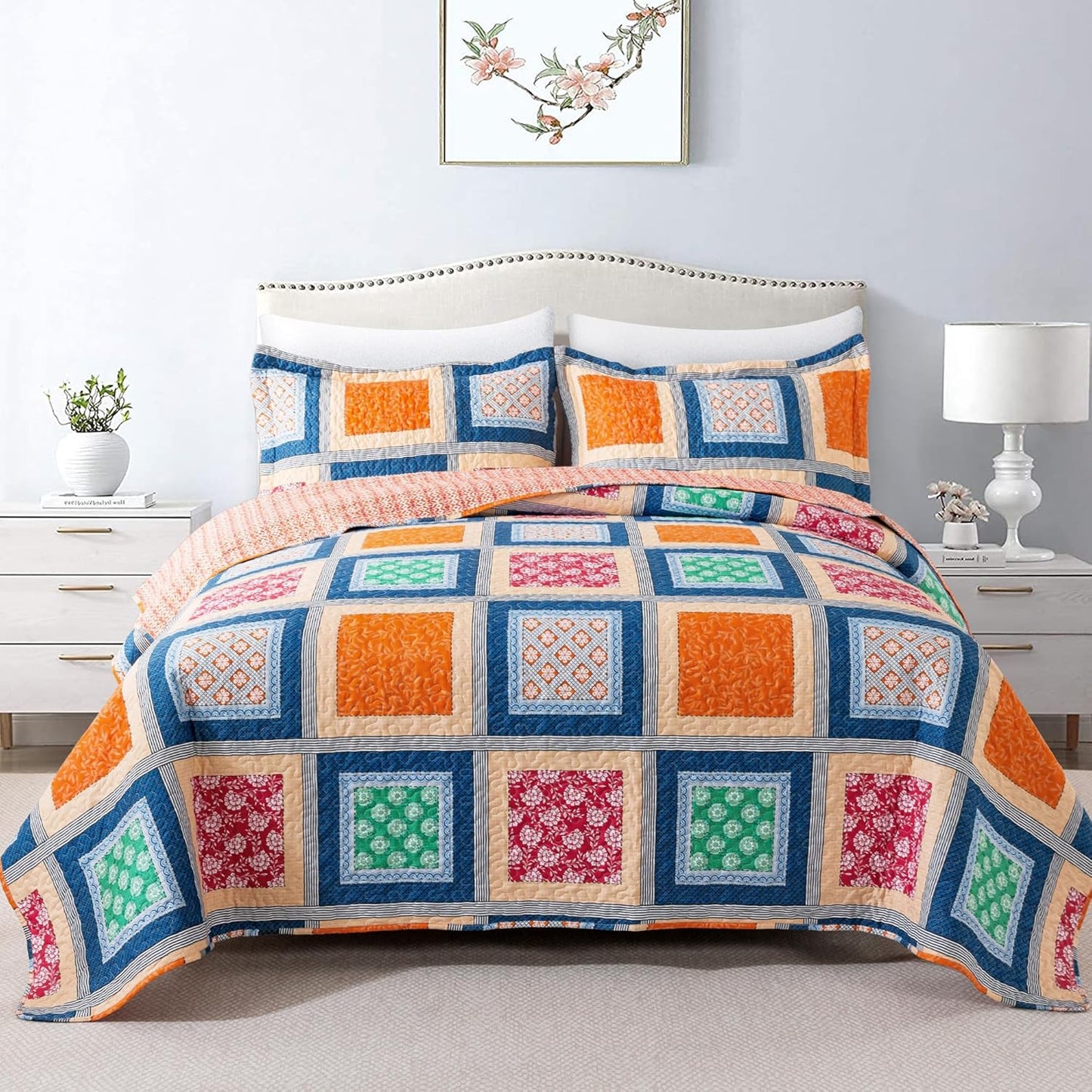 HoneiLife King Quilt Bedding Set - Rustic Quilt Sets 3-Piece,Patchwork Bedspreads for King Bed,Lightweight Coverlets Microfiber Bed Cover, Quilt King Size All Season Quilts-Orange