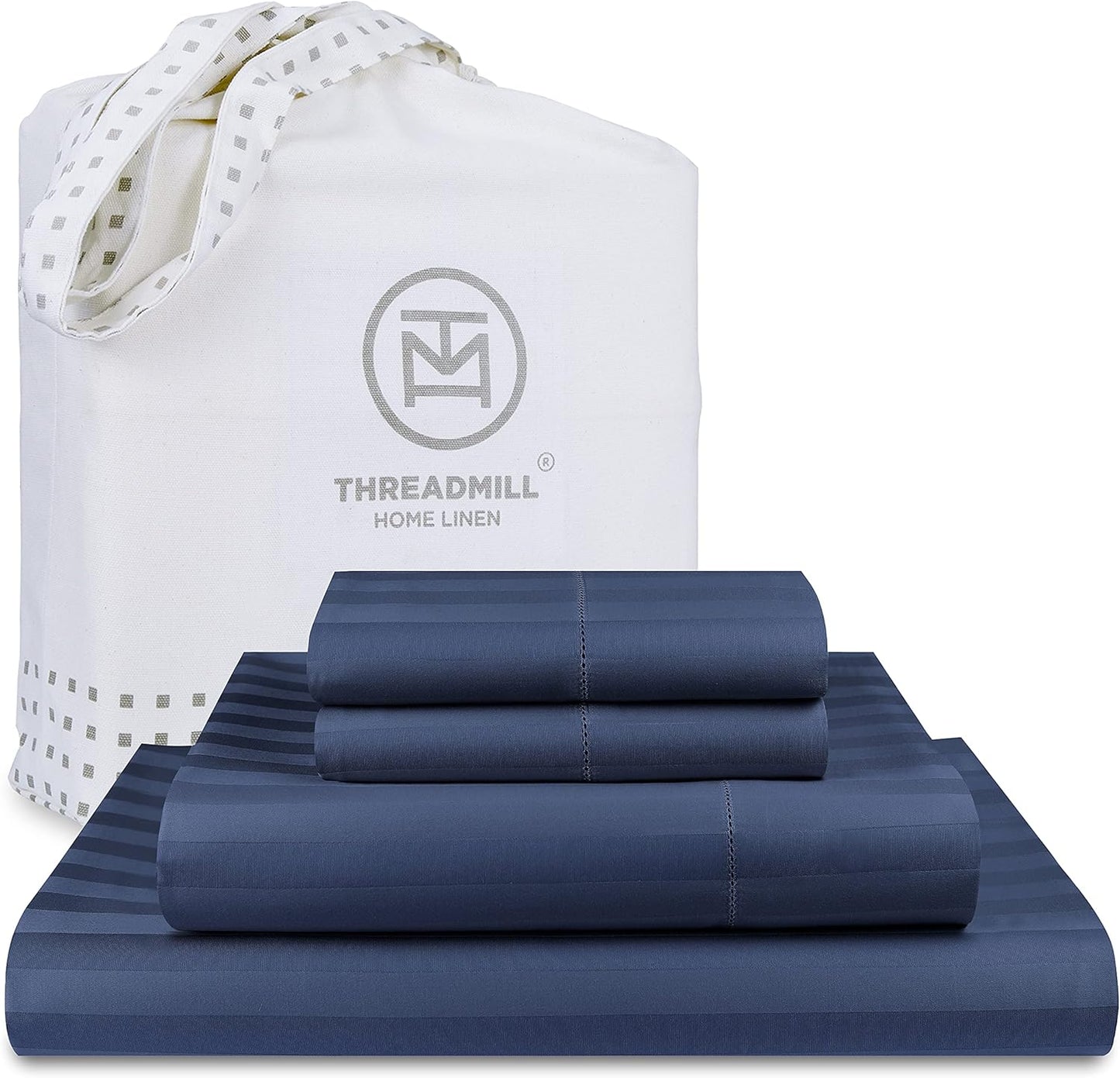 Threadmill 500 Thread Count King Size Damask Stripe, 4 Pc Luxury Cotton Bed Sheet Set, Breathable Folkstone Blue Sheets with 16" Elasticized Deep Pocket, 2 Pillowcases & Free Tote Bag