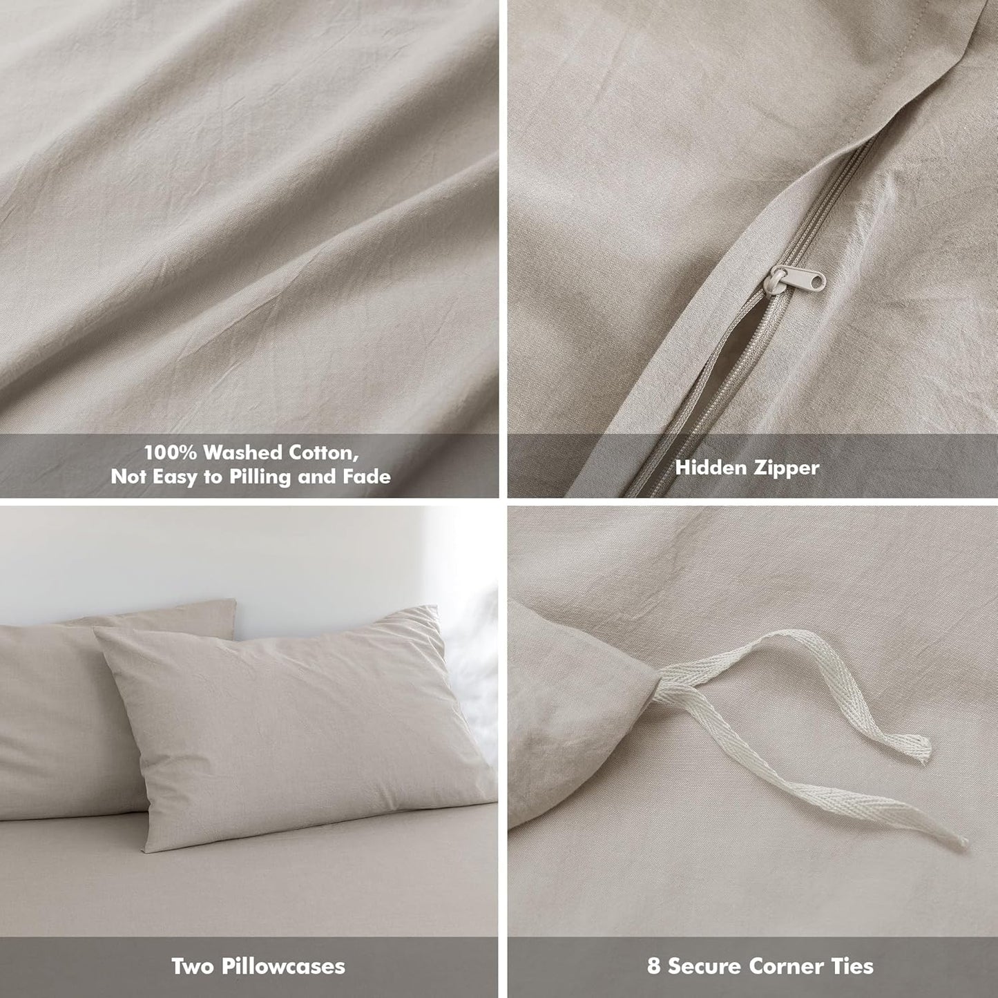 FOSSA Duvet Cover Set 100% Washed Cotton Linen Feel Super Soft Breathable Cozy 3 Pieces Bedding Sets Solid Cream Grey Full/Double