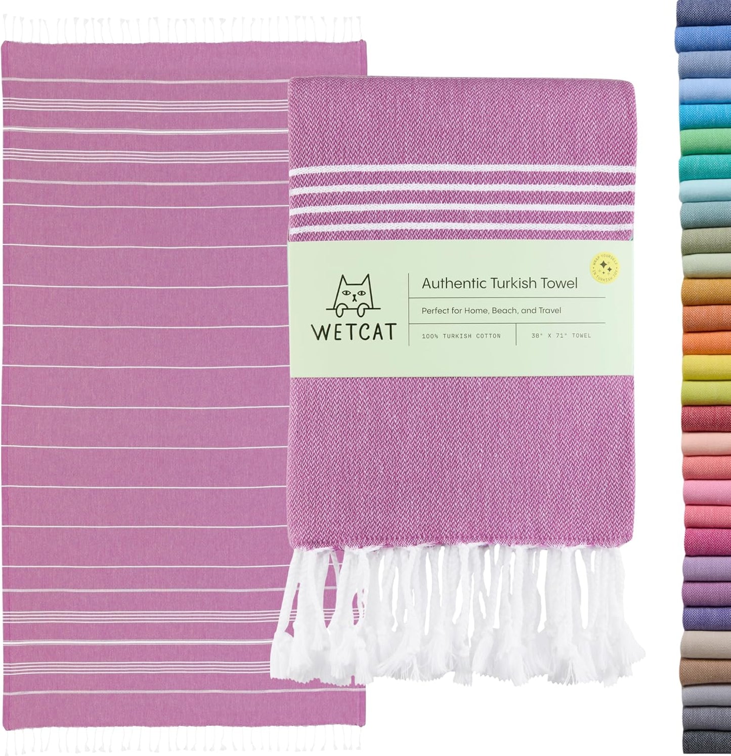 WETCAT Turkish Beach Towel Oversized (38"x71") 100% Turkish Cotton, Made in Turkey - Sand Free, Extra Large, Ultra Soft, Quick Drying, Compact & Lightweight for Travel - Purple