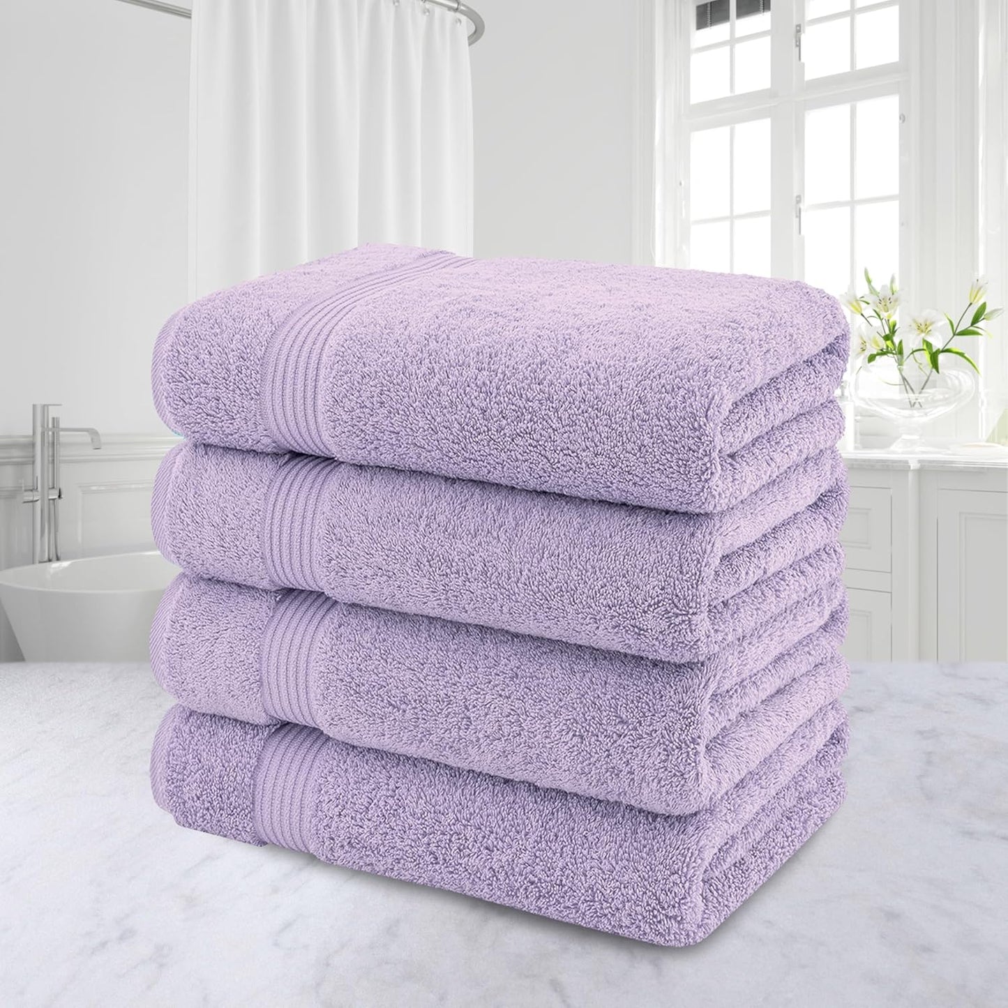 American Veteran Towel, 100% Cotton Turkish Bath Towels for Bathroom 4 Pack, 27x54 Extra Large Premium Soft Drying Bathroom Towels, Lilac