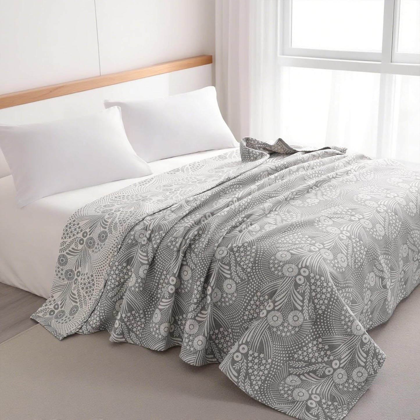 NTBAY 3 Layers Cotton Muslin 106x92 King Bed Blanket, Super Soft Breathable Thermal Yarn Dyed Quilt for Adults, Perfect Lightweight Blanket for Couch Sofa Bed All Seasons, Grey Star and Wheat