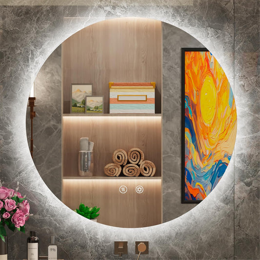 42-inch Round LED Bathroom Mirror with Light, 3 Color Temperatures (3000K/4500K/6000K), Dimmable Backlit, Anti-Fog, 5MM HD Glass, CRI 90+, Memory, Frameless