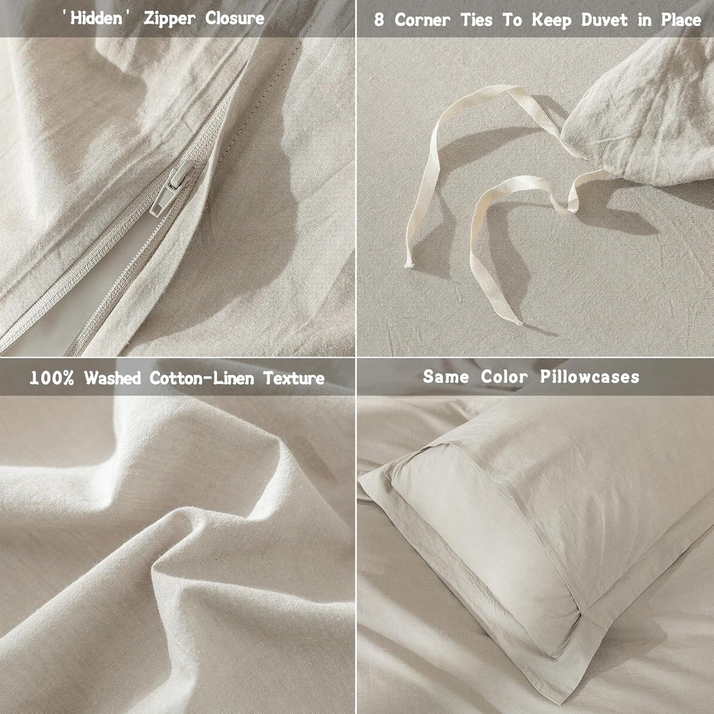 Linen Grey Duvet Cover Queen Size 90inch x 90inch,100% Washed Cotton Duvet Cover with Zipper Closure and 2 Pillowcases, Color of New Nature Linen