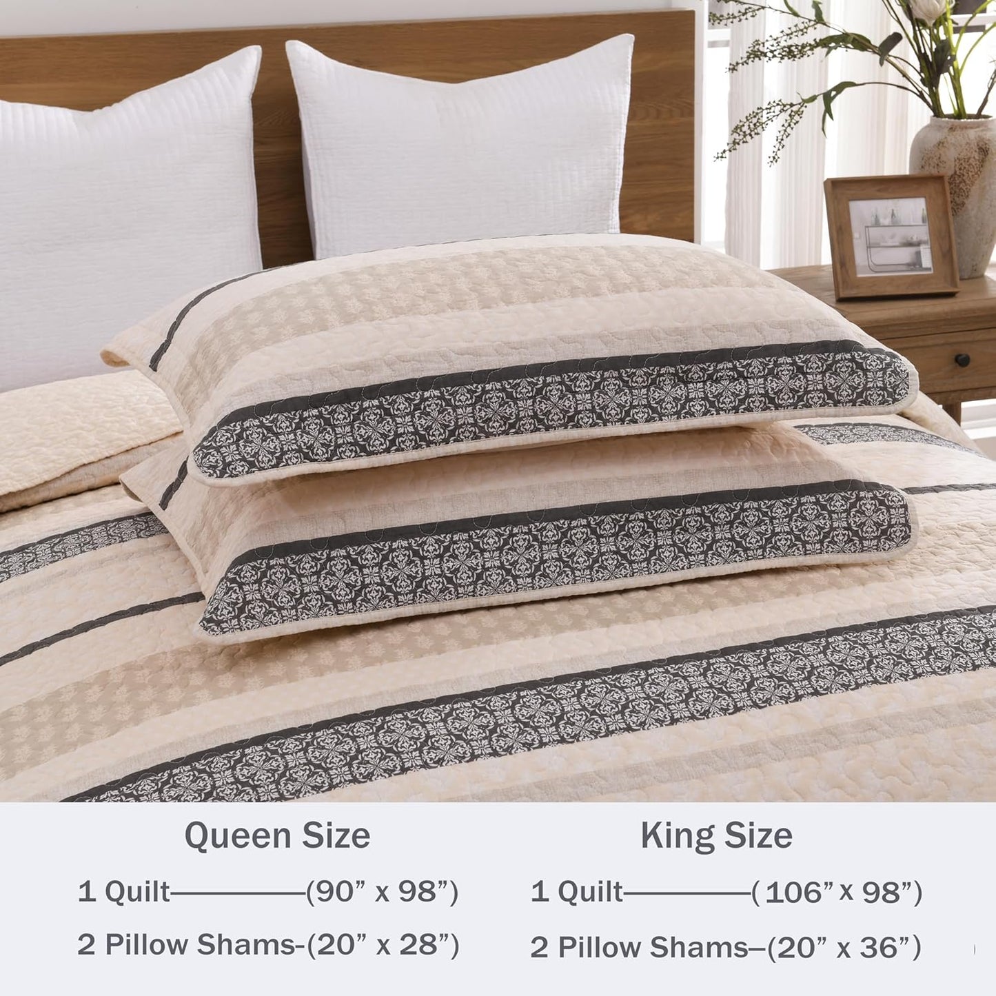 Homzard King Size Comforter Set, Cotton Quilt, Beige and Grey Bedding Set,Lightweight Striped Bedspread, Reversible Coverlet King Size (106"X98") with 2 Pillow Shams All Season
