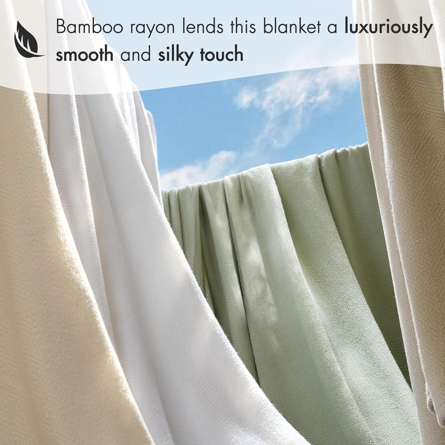 Madison Park Queen Size Blanket, 70% Rayon Bamboo-Based, 30% Cotton, Breathable for Hot Sleepers Menopause, Ultra Soft and Snag-Resistant, Summer Blanket for Bed or Couch, Queen 90"x90" Ivory